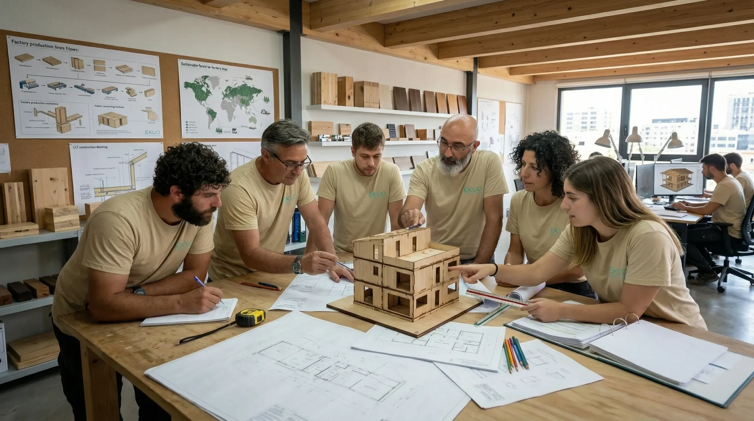 Equipo técnico de Ekuo Bioconstrucción trabajando en proyect